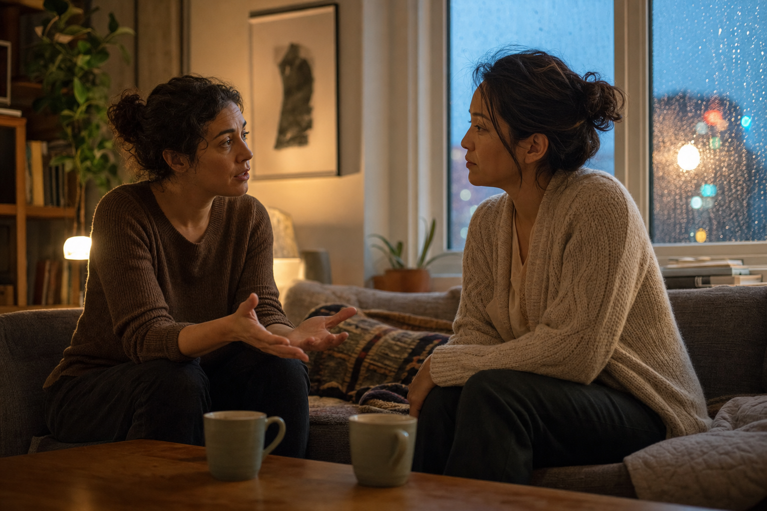 Two adult friends sit together in a softly lit apartment as one speaks with open hands and the other listens attentively.