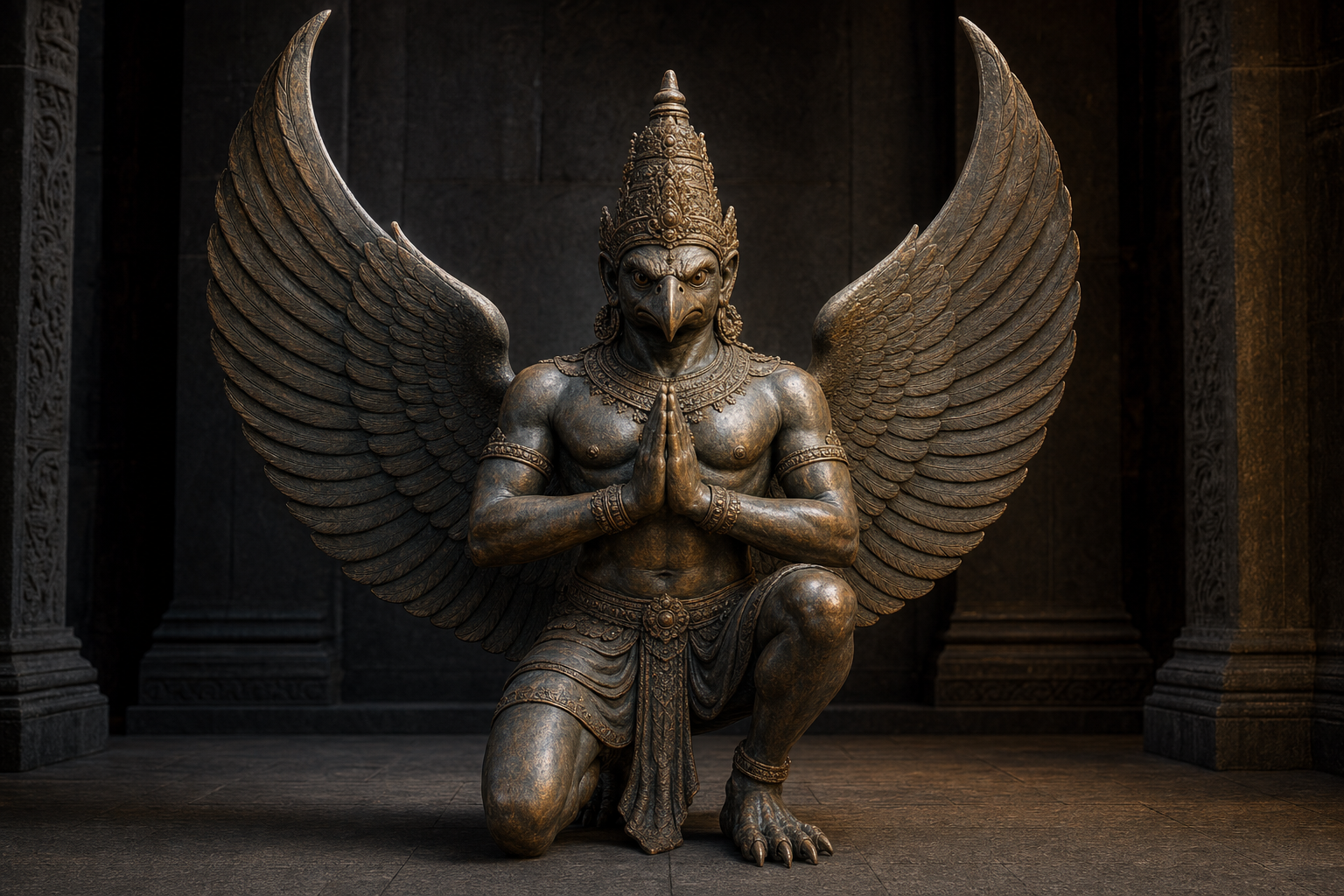 A bronze Garuda figure with raised wings, an eagle-like face, a powerful human torso, one knee lowered, and hands joined in prayer.