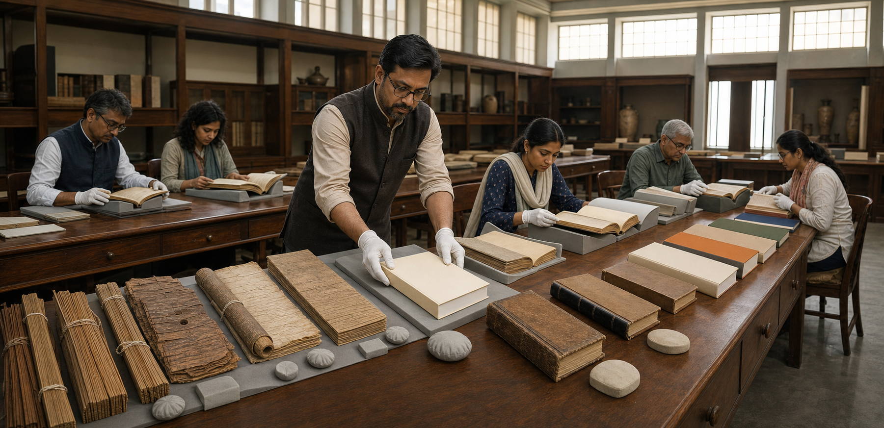 An archival table connects palm-leaf manuscripts, handmade codices, printed volumes, and contemporary Indian books in one continuous sequence.