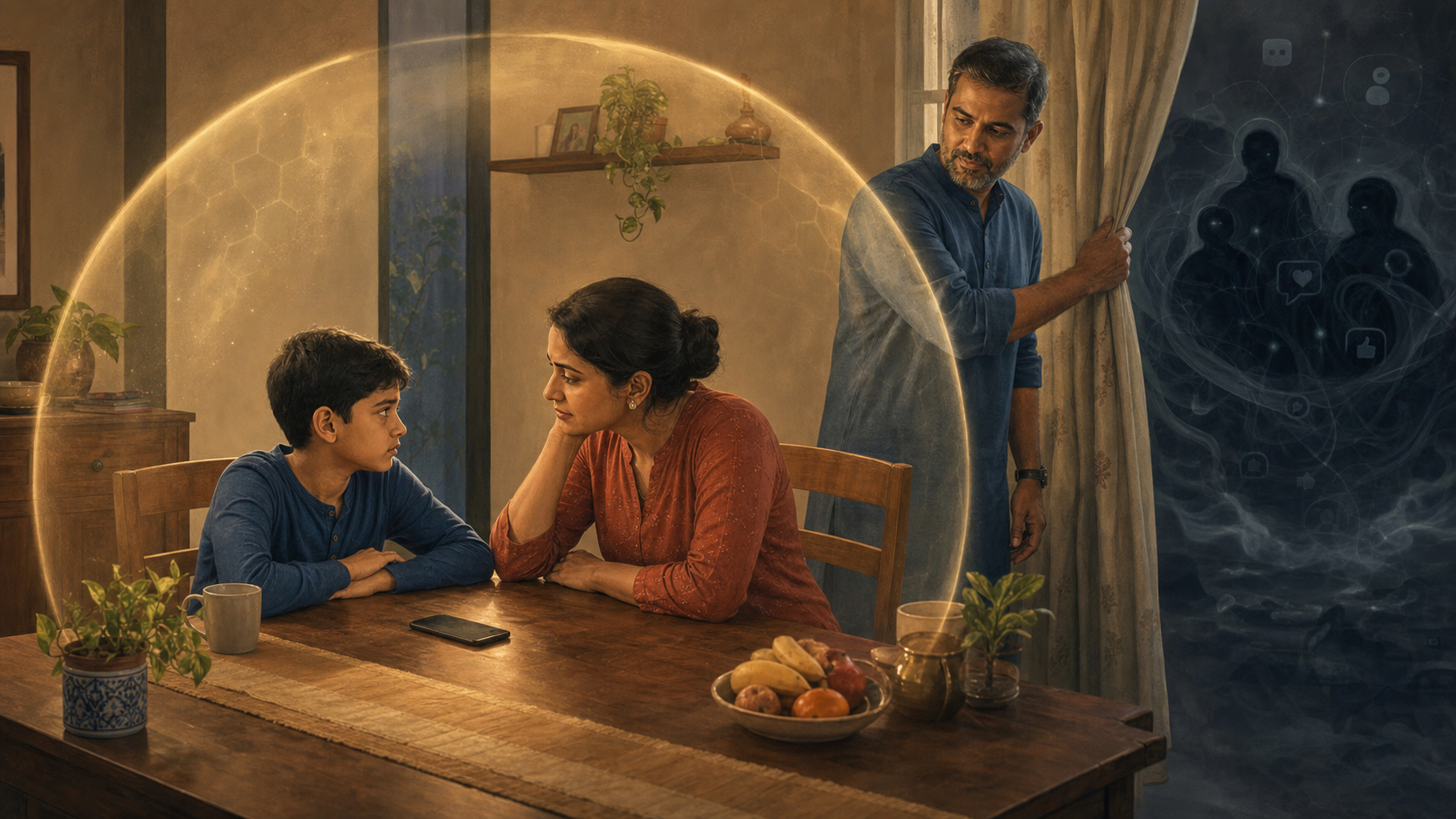 A child in an Indian home sits beside a listening parent while a phone rests face down on the table and another trusted adult creates privacy nearby.