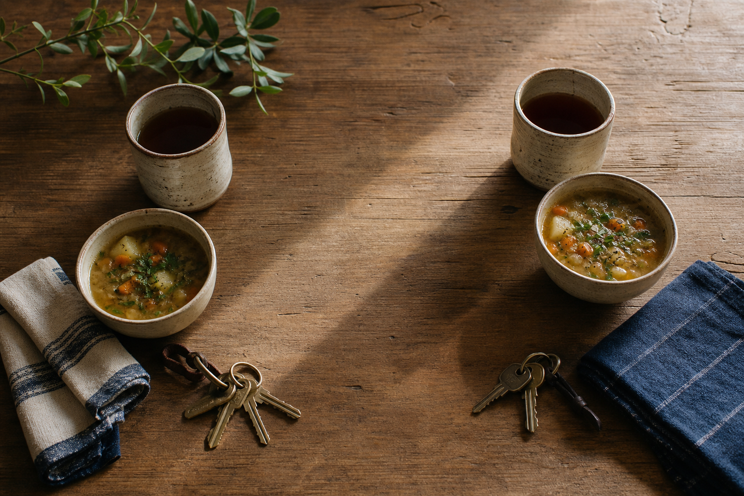 Two ceramic cups and small objects associated with care are arranged in a balanced composition on a wooden table.