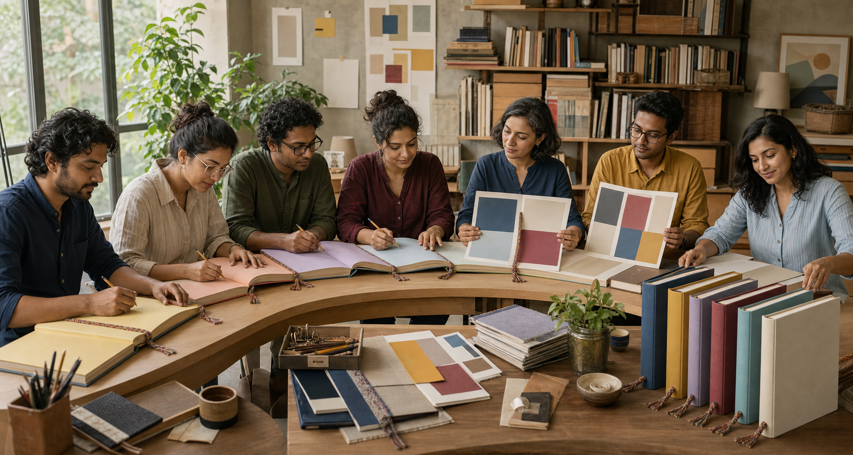 An author, translator, editors, designer, publicist, and bookseller collaborate around one unmarked manuscript and its finished editions.