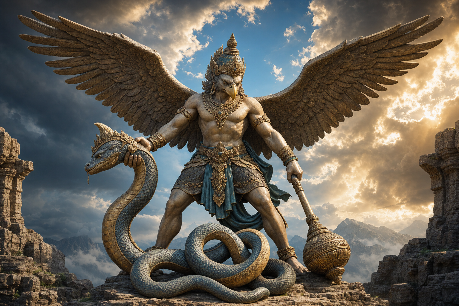 Winged Garuda stands firmly while restraining an intact naga and holding a lowered mace as storm clouds recede behind him.