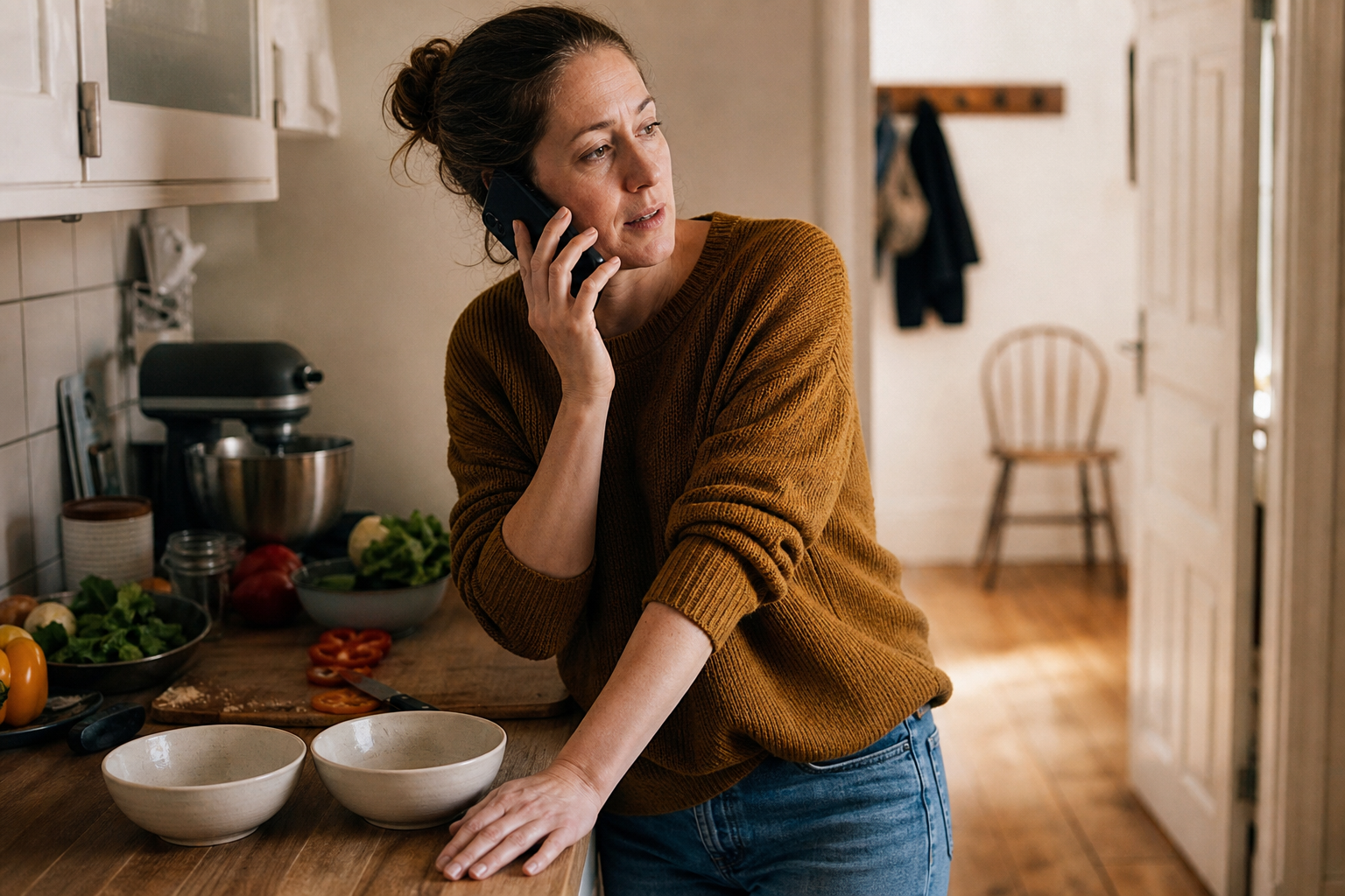 An adult speaks on the phone beside a half-prepared meal and two empty bowls in a sunlit kitchen.