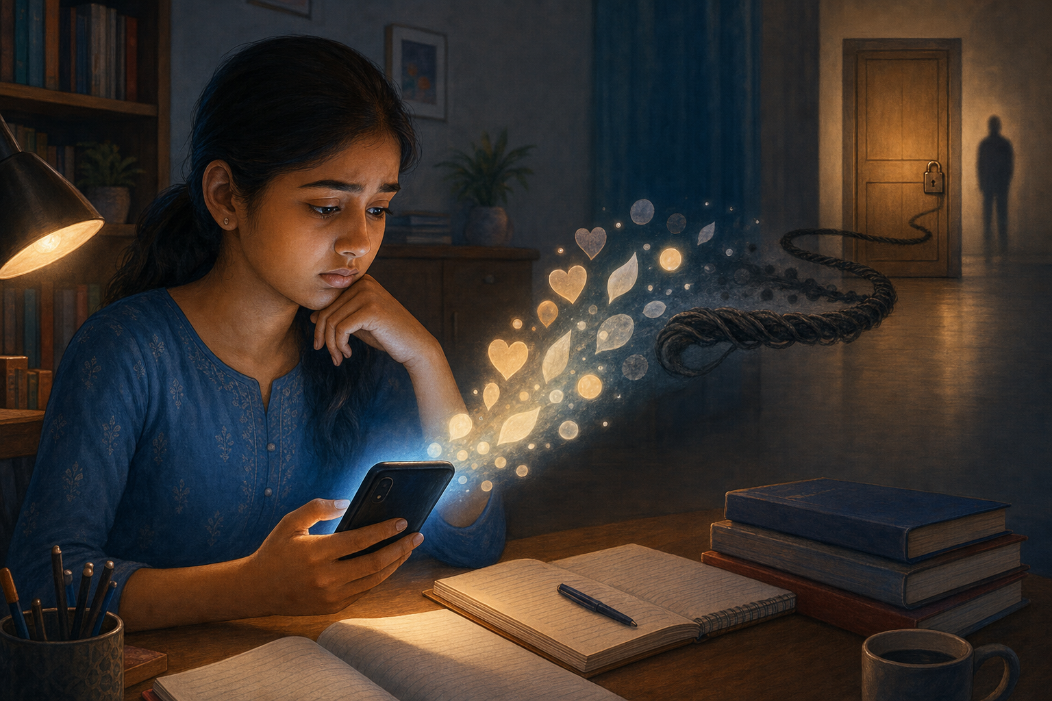 A teenager looks uncertainly at a smartphone as a trail of friendly-looking shapes turns into a dark thread leading toward an anonymous online figure.