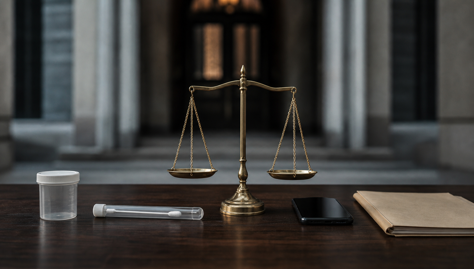 A balanced brass scale stands among sealed evidence containers, a mobile phone, and an unmarked case folder on a wooden table.