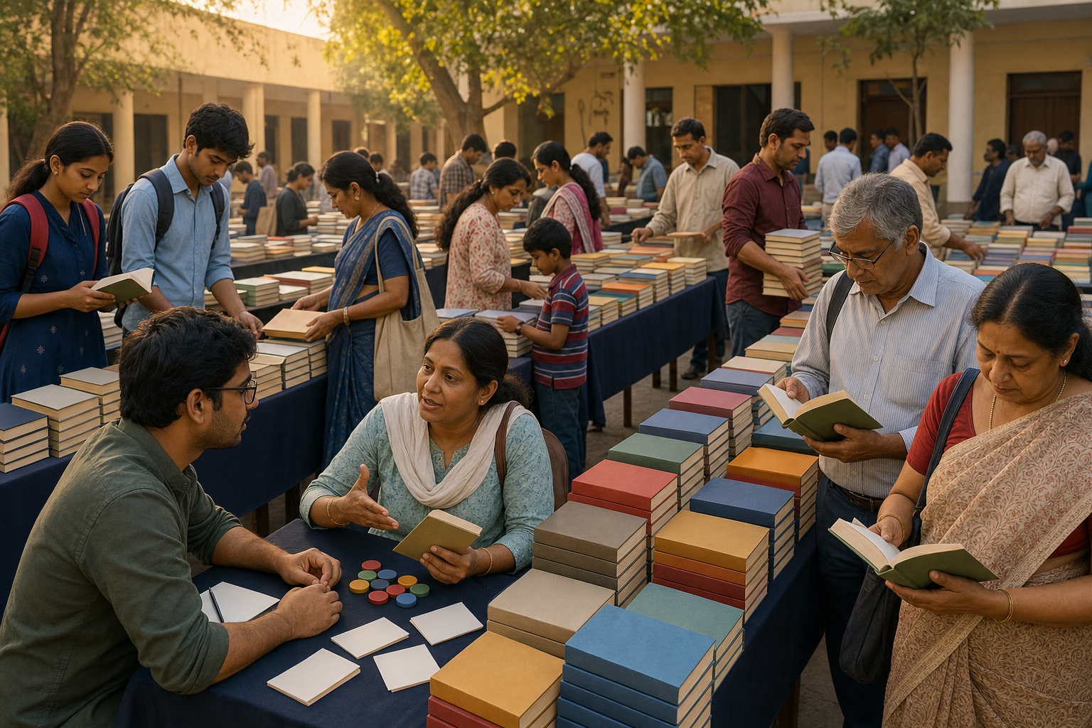 Readers of different ages browse unmarked books at a small-city Indian book fair while a researcher tracks selections with colored counters.
