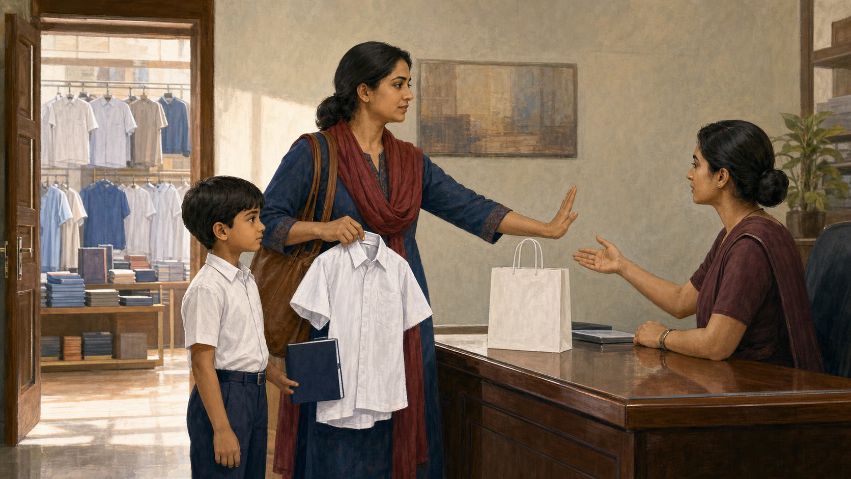 A parent calmly questions a school administrator about a required uniform and books while shielding a child from the discussion.