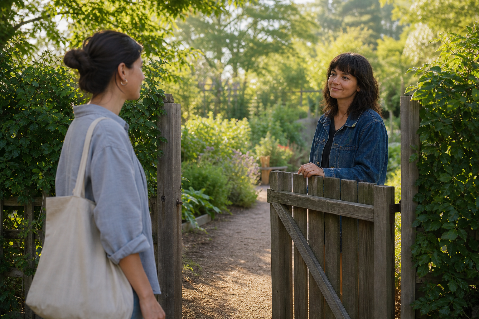 Two adult friends face each other across a partly open wooden garden gate, with one holding the gate and the other waiting outside.