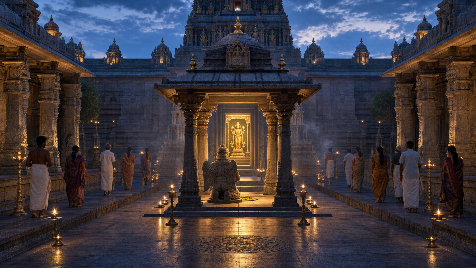 A temple interior is viewed along its central axis, with kneeling Garuda in a pavilion facing a lit Vishnu image in the inner shrine.