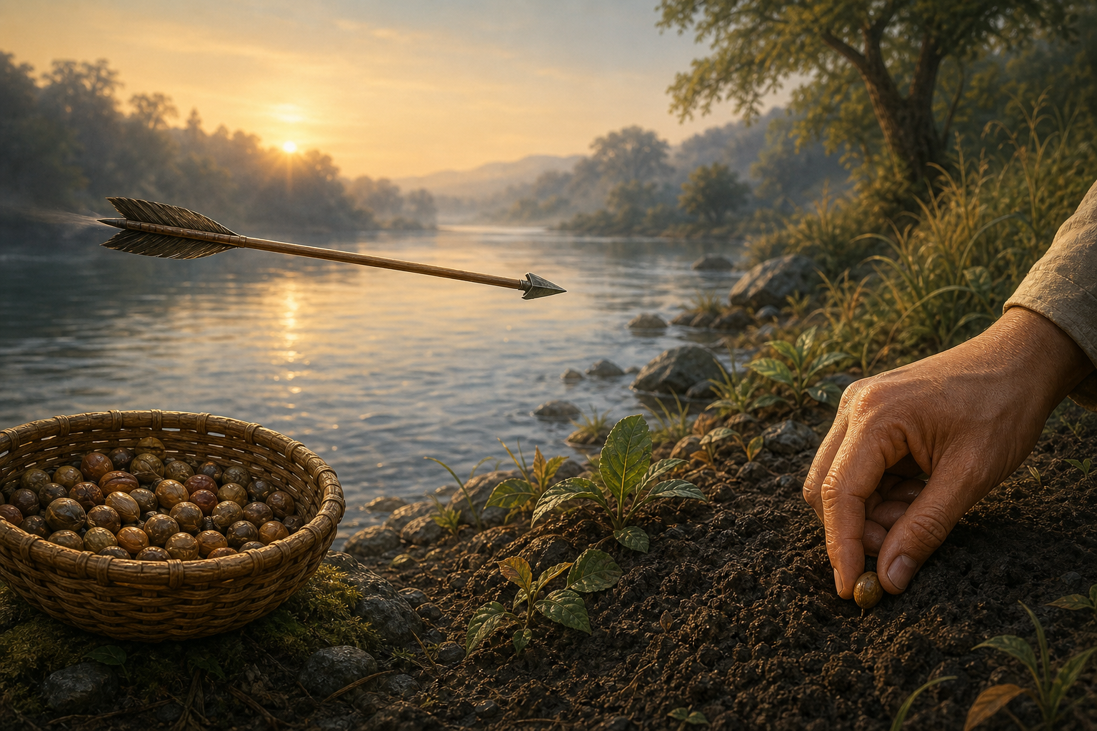 An arrow flies over a river beside a basket of seeds and a hand planting a new seed in the soil.