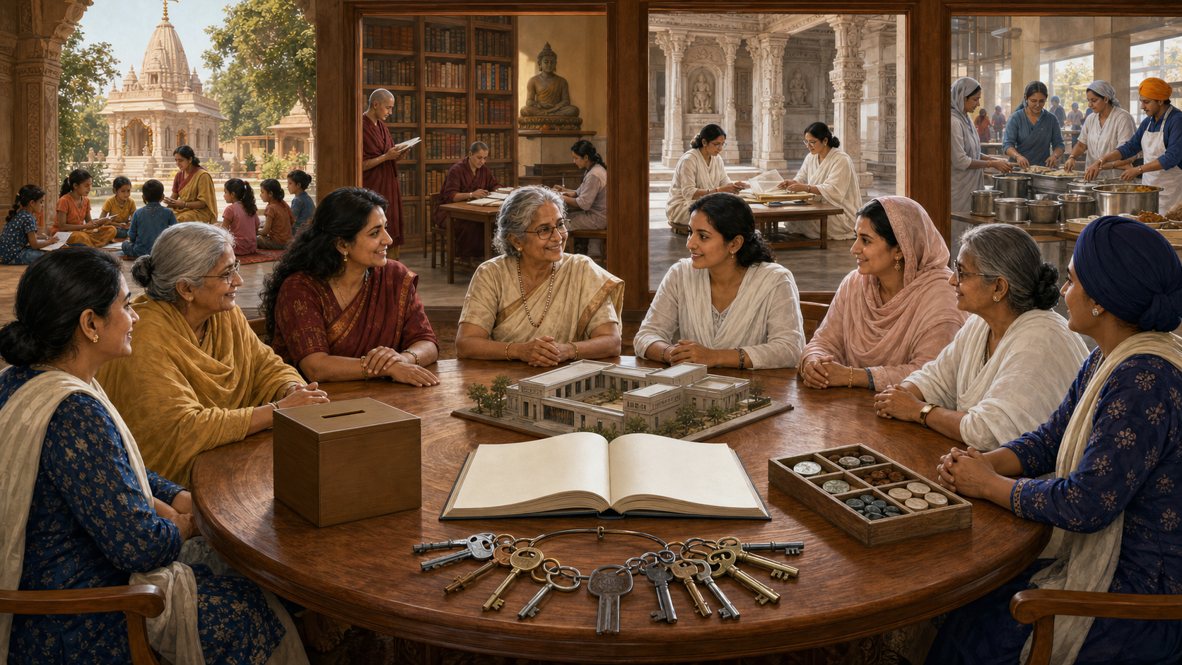 Women from several generations meet around a circular table with keys, a ledger, resource tokens, and a model community center while teaching, meal service, and archival work take place in adjoining rooms.