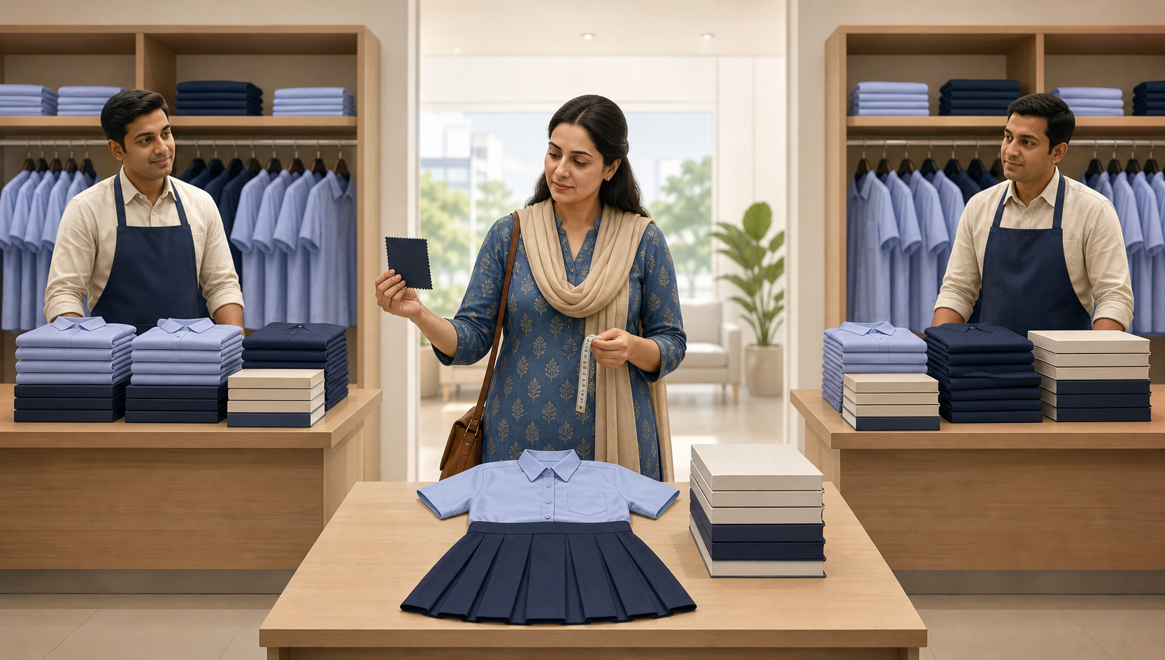 A parent compares equivalent unbranded school uniforms and books offered by two different shops.