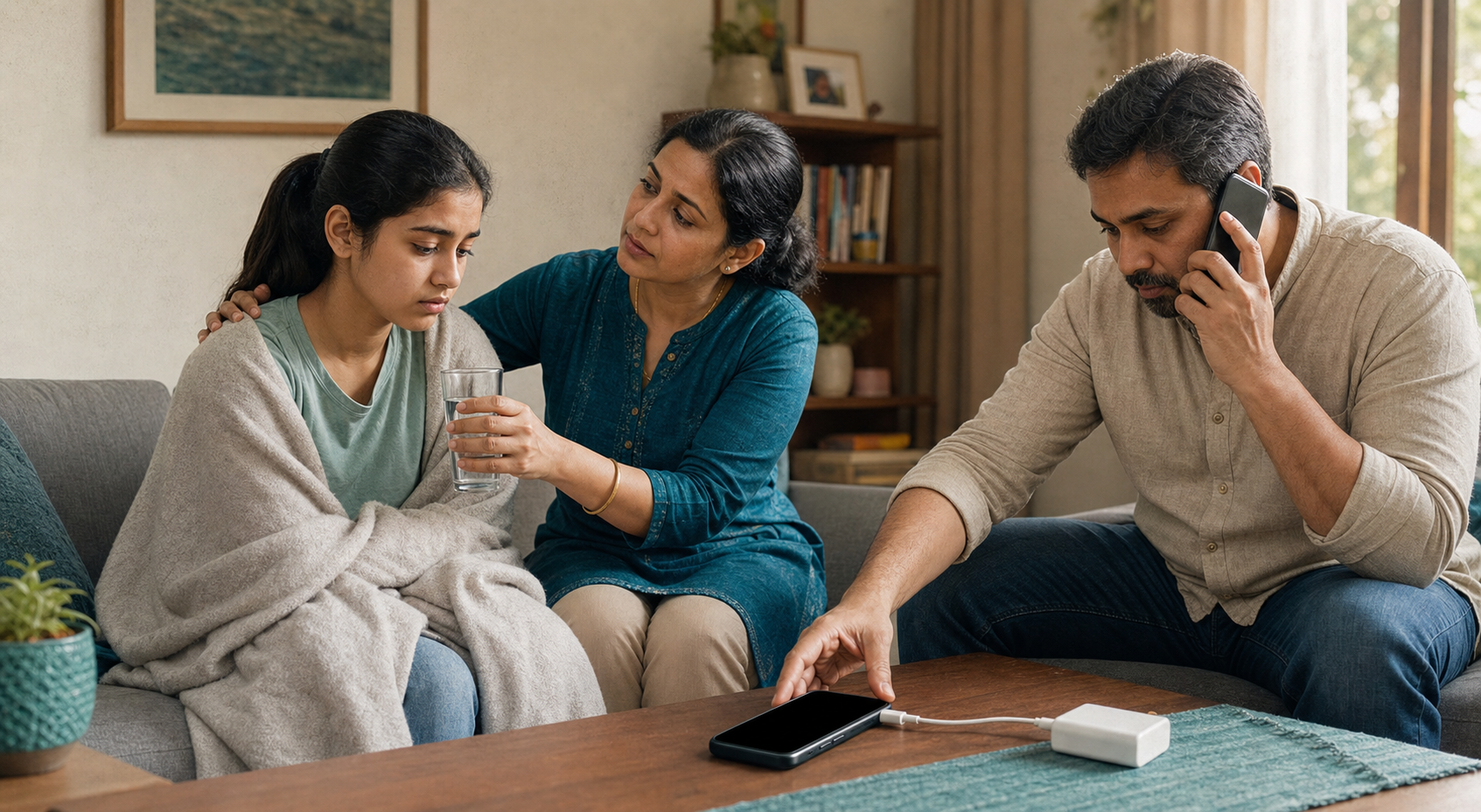 A parent calmly supports a distressed teenager while another trusted adult keeps the child's phone safe and uses a separate device to seek help.