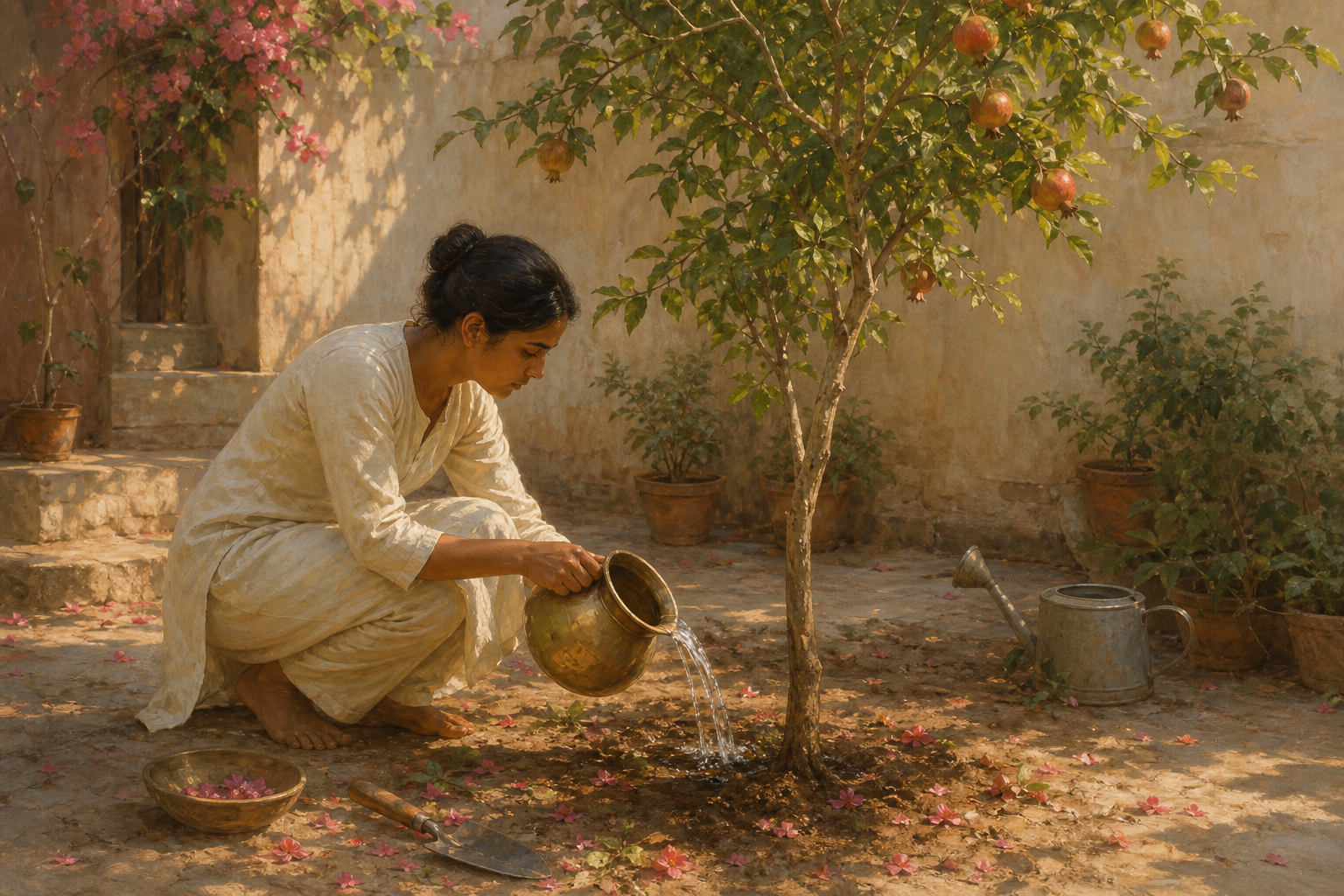 A person waters the roots of a young fruit tree while leaving the fruit on its branches.
