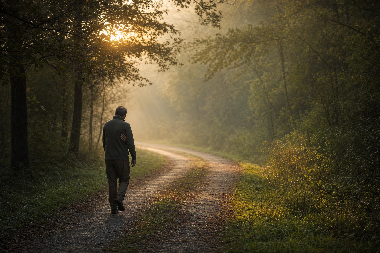 A solitary adult walks along a misty tree-lined path at dawn with one hand resting over their chest.
