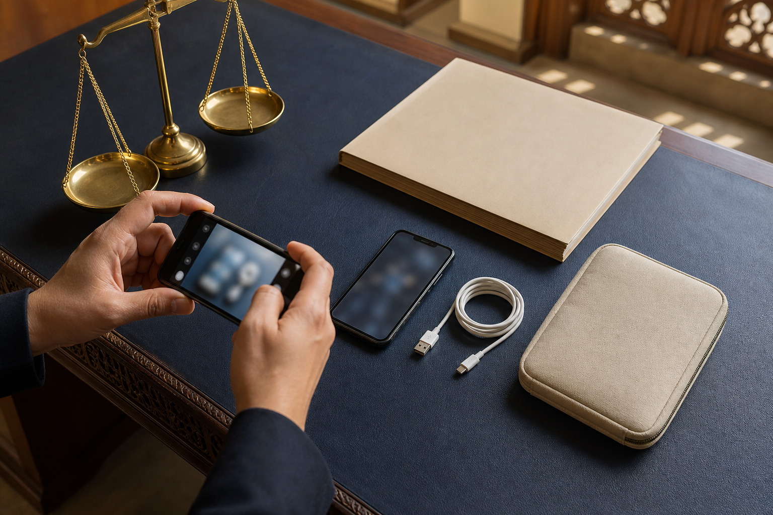Adult hands photograph an untouched smartphone beside a charger, a protective pouch, a blank folder and a small balance scale.