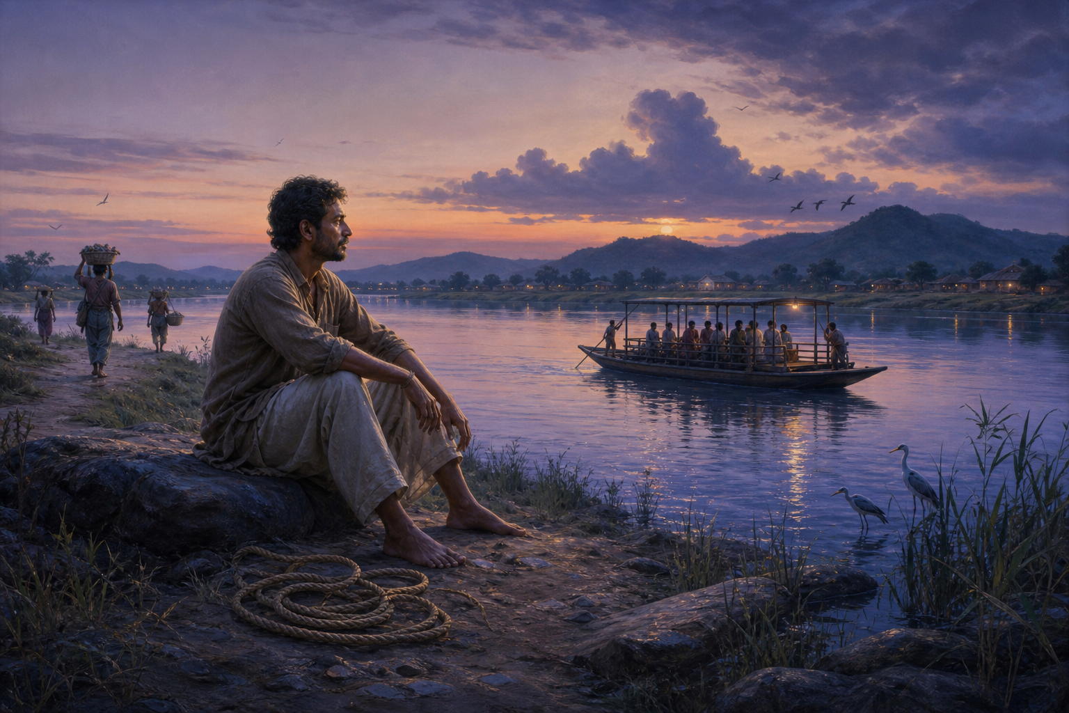 A contemplative person sits beside a river near an open coil of rope as a ferry, birds, and villagers continue moving through the landscape.