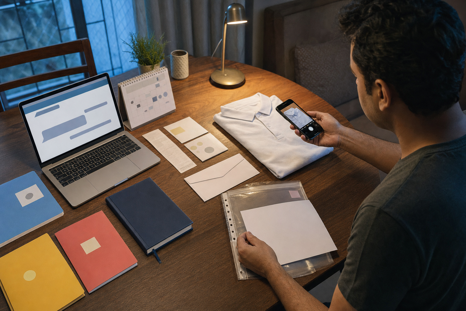 A parent organizes notices, receipts, photographs, and messages into an evidence file at home.