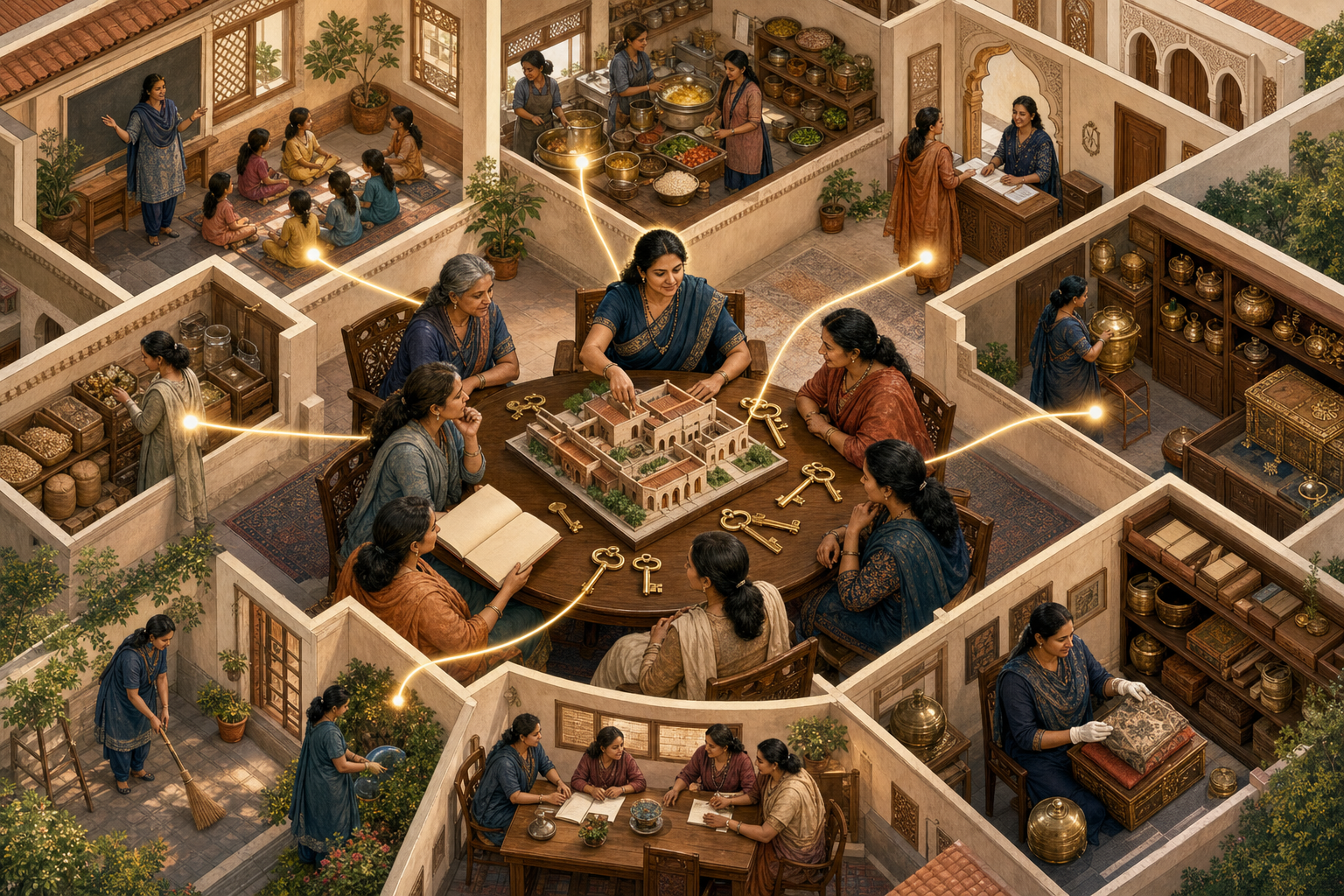 A cutaway community center shows women governing at a central table connected to classrooms, a kitchen, an archive, a treasury, and volunteer spaces.