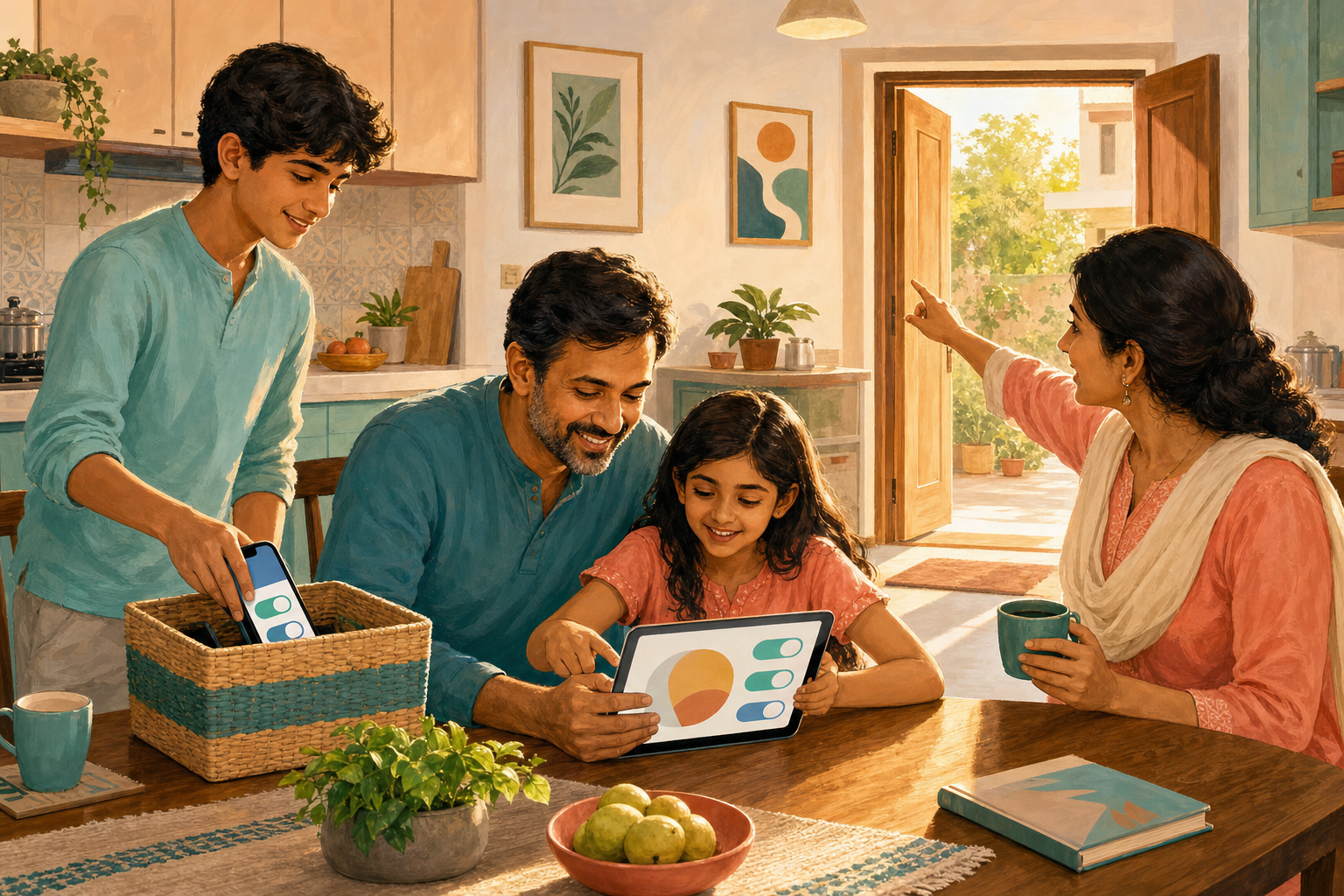An Indian family reviews a tablet together while another child places a phone in a shared charging basket in a bright kitchen.