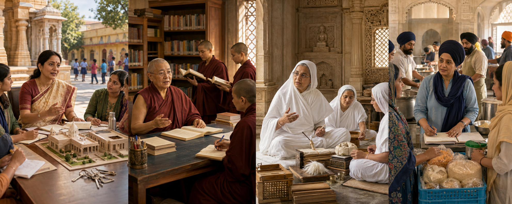 Four equally sized scenes show a Hindu trustee, a Buddhist nun, a Jain renunciant, and a Sikh woman directing education, preservation, administration, and community food service.