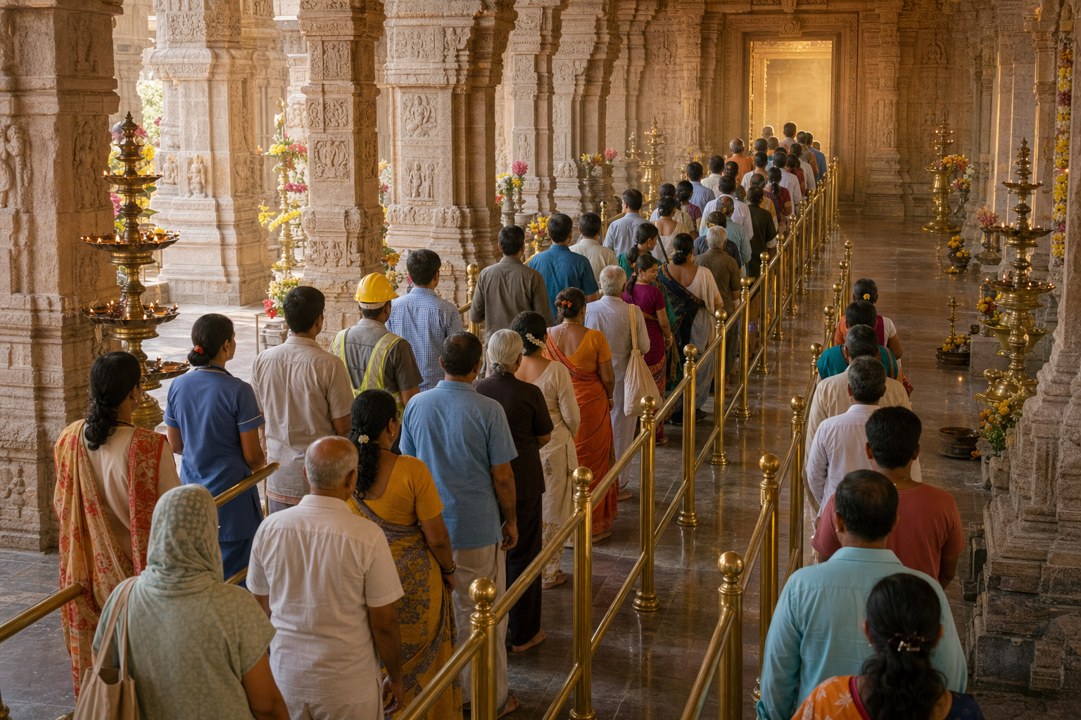 A diverse group of devotees shares one orderly queue leading toward the illuminated doorway of a Hindu temple sanctum.