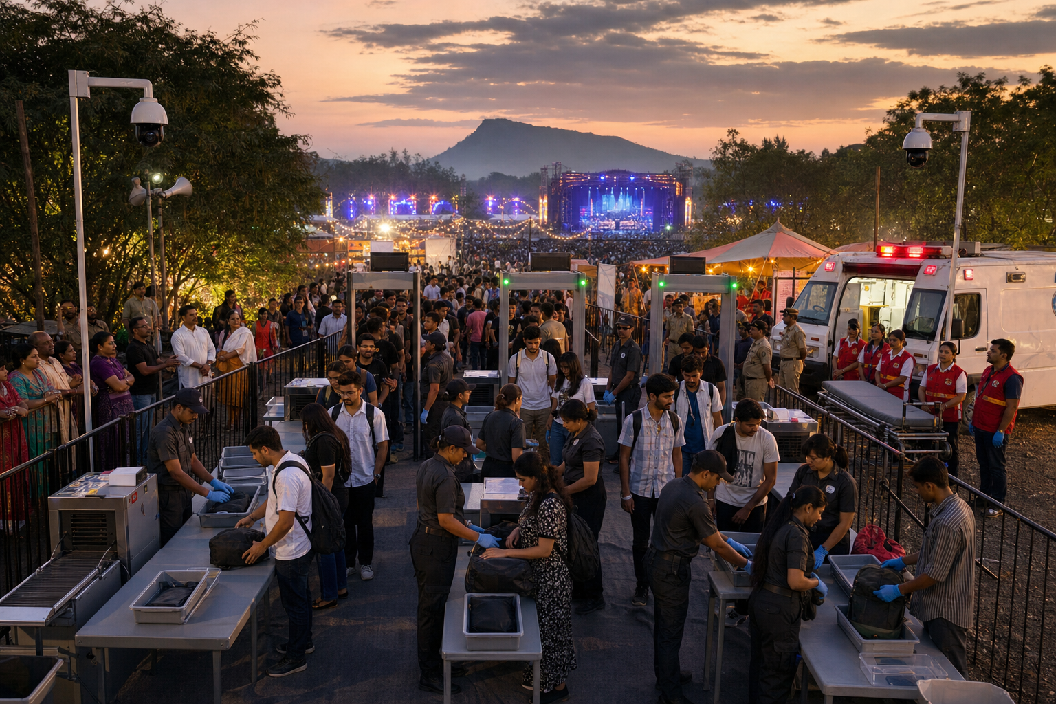 Young adults pass through an organized festival security checkpoint in Maharashtra while medical responders, community volunteers and an ambulance stand nearby.