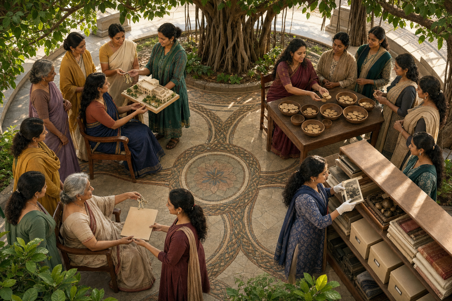 Women manage four connected areas in a courtyard by transferring keys, allocating unmarked resource tokens, preserving archival objects, and mentoring a younger successor.
