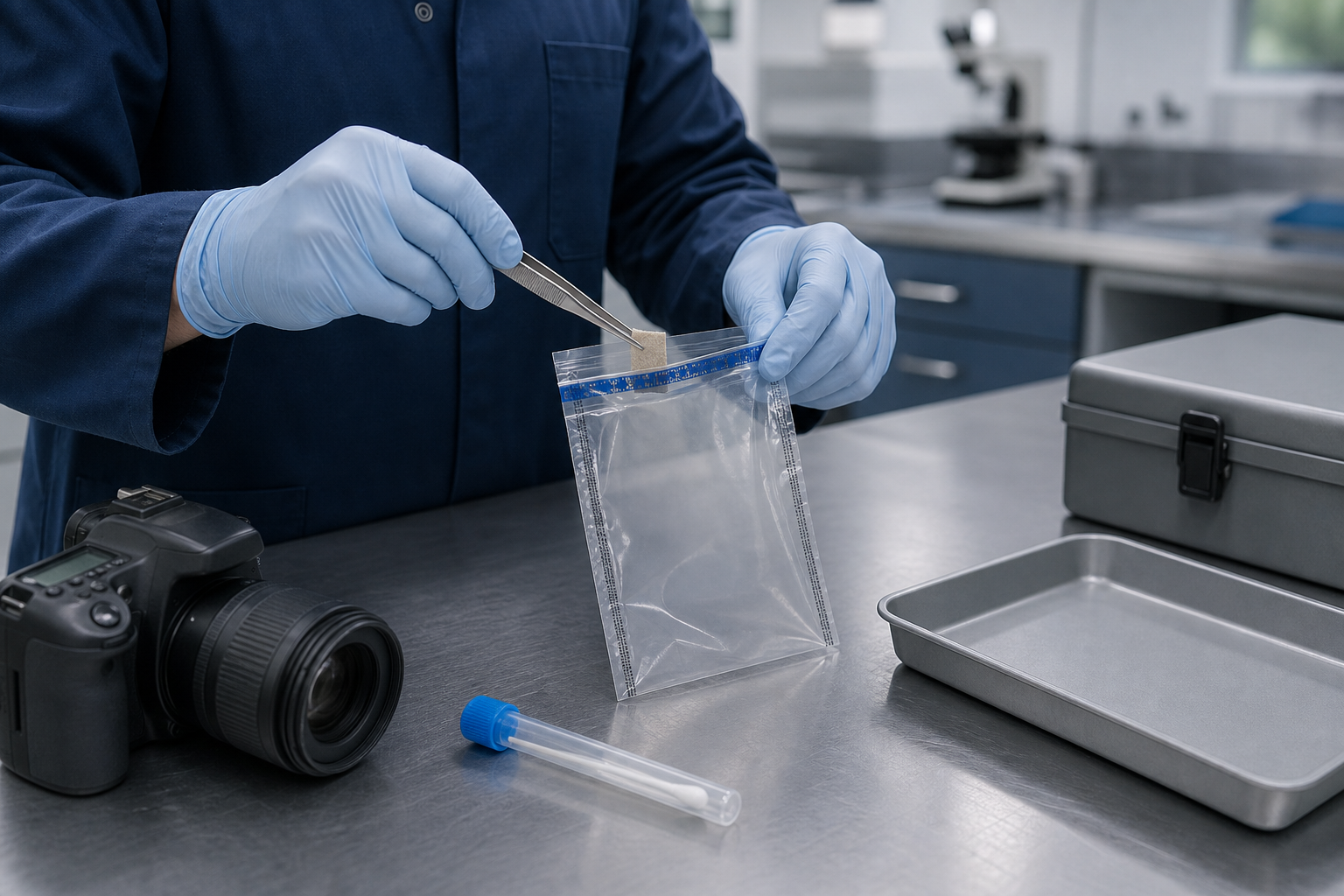 A gloved forensic technician places a small sample into a transparent evidence pouch beside laboratory tools and a secure storage box.