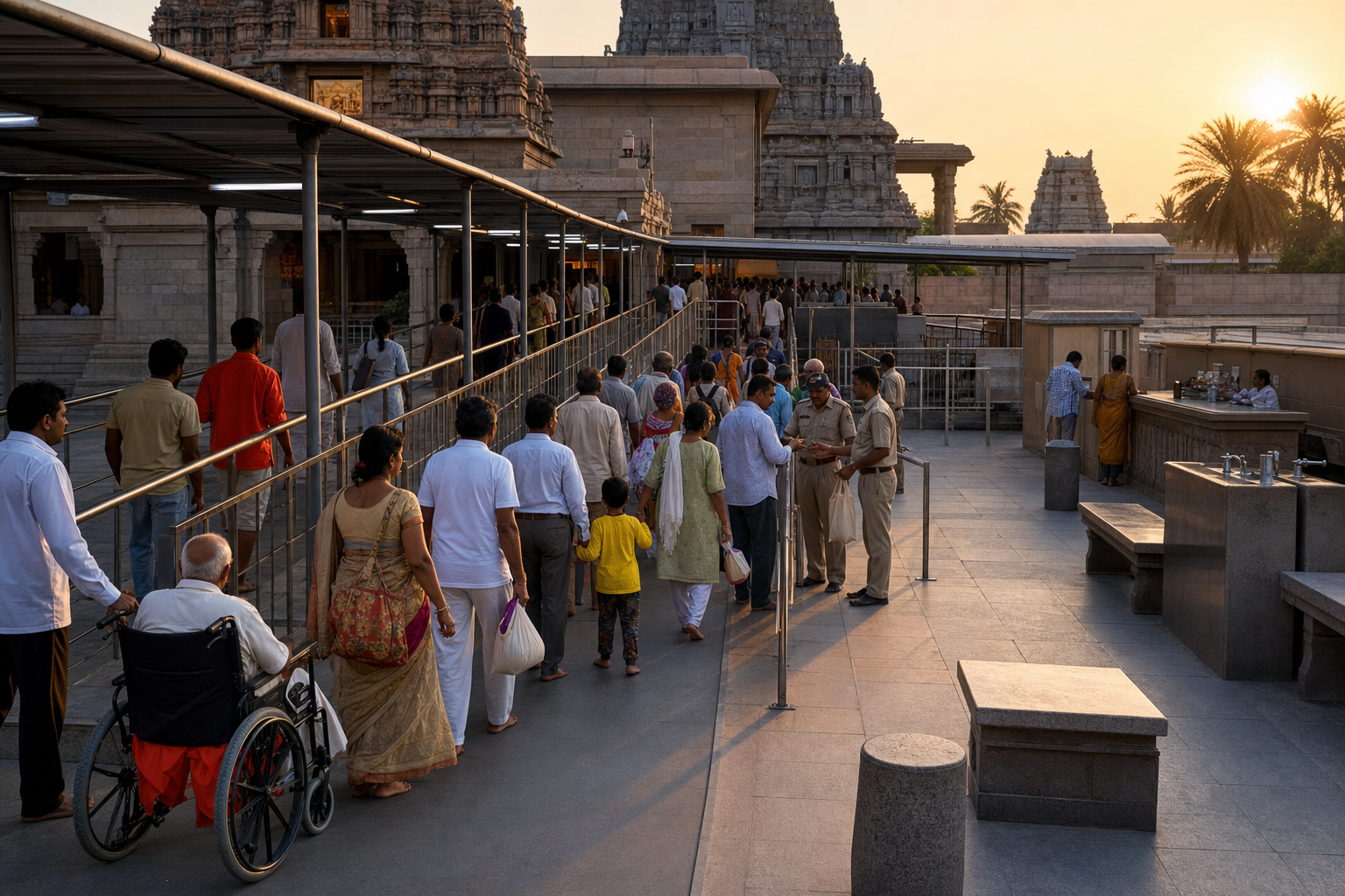 Pilgrims, including an older wheelchair user and a family, move through organized accessible queue lanes in a temple complex at sunrise.