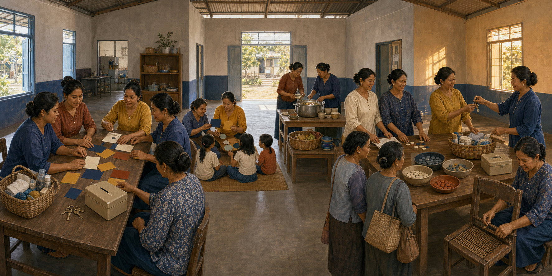 Three connected scenes show a small team of women planning a community pilot, operating teaching and meal services, and reviewing feedback before passing responsibility to the next coordinator.