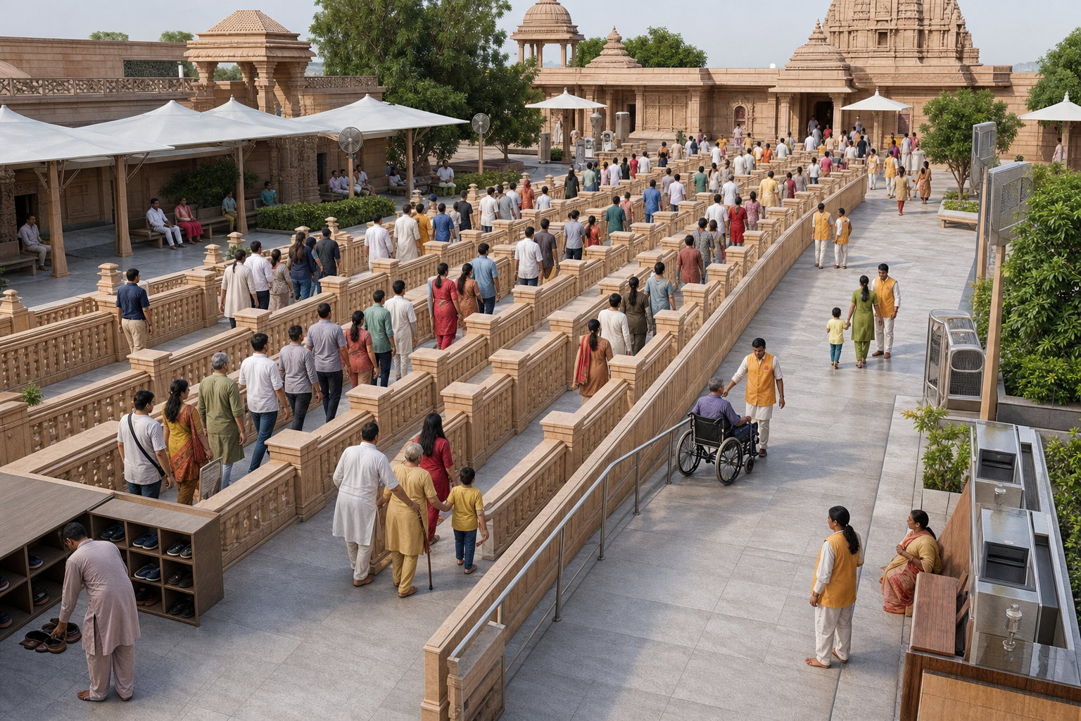 An accessible temple courtyard uses shaded queue lanes, seating, water stations, volunteers, and open circulation space to manage devotees safely.