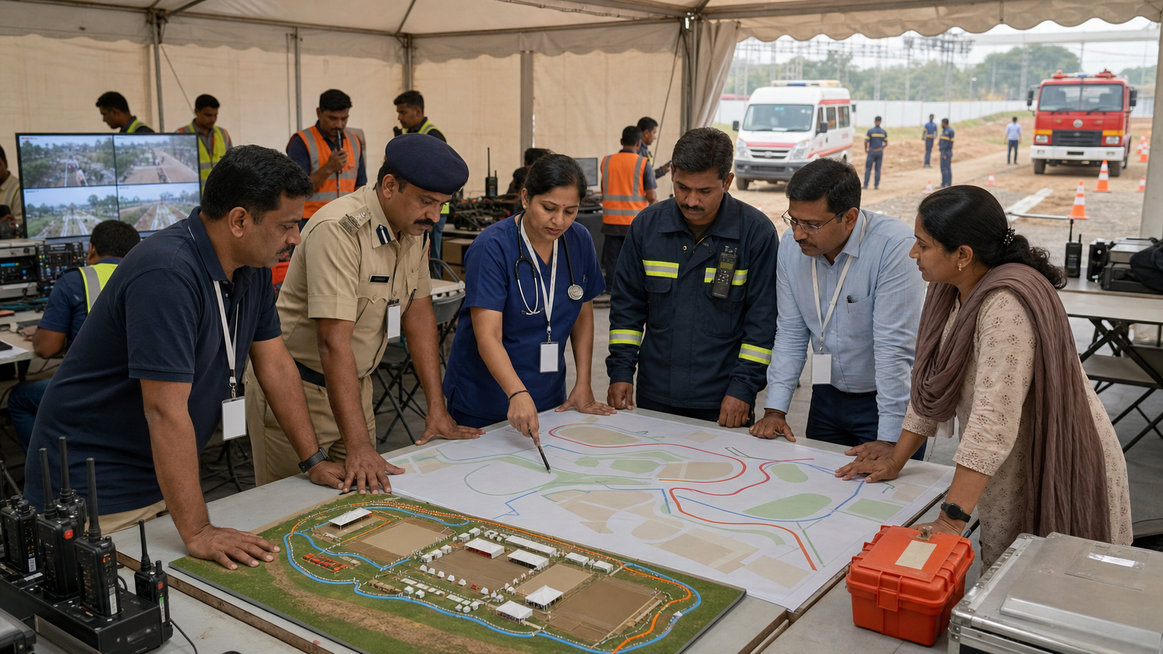 Festival organizers, security personnel, medical staff and public officials review a venue model while crews test emergency equipment.