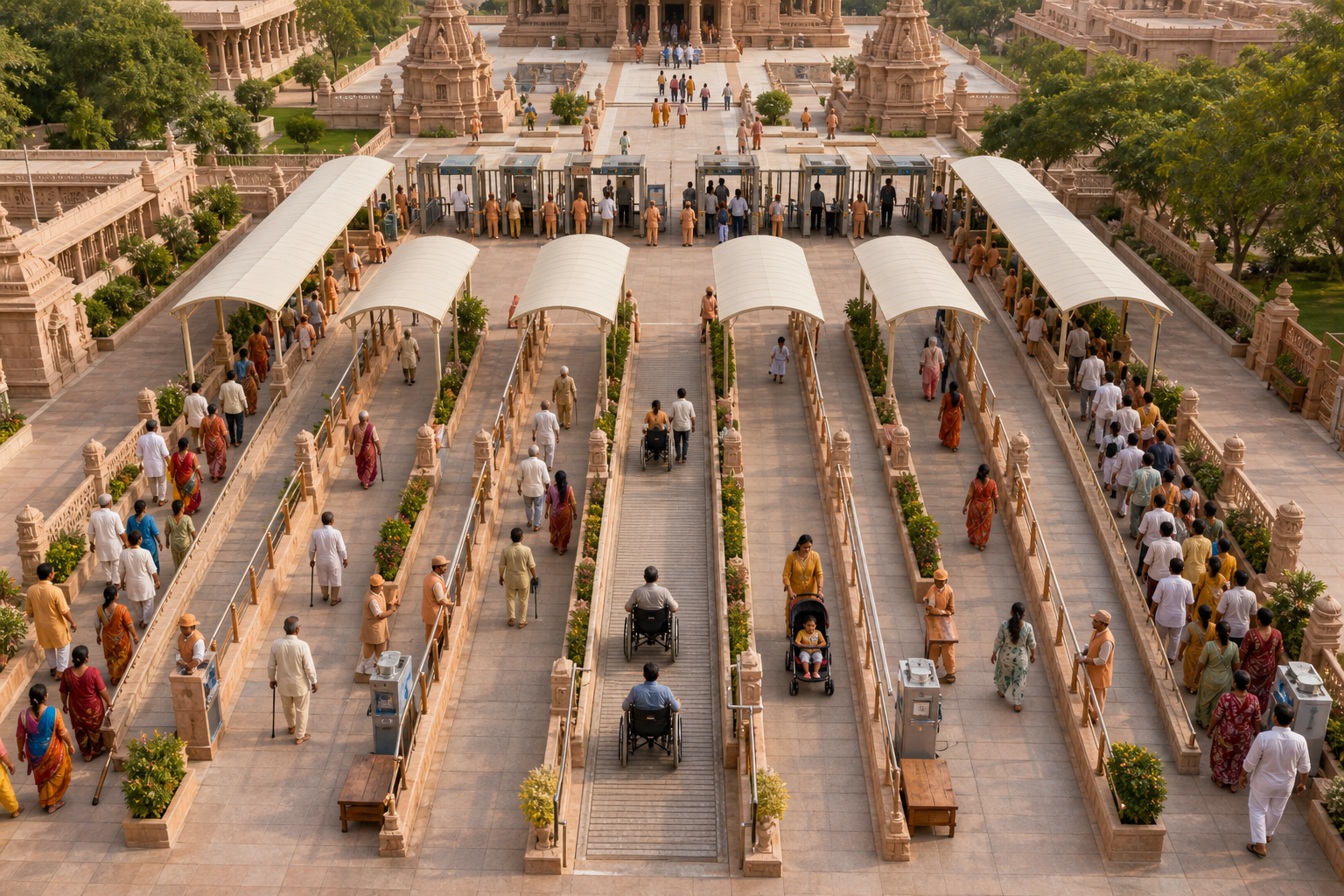 Several shaded temple queue lanes accommodate general pilgrims, older visitors, wheelchair users, and families before meeting at one checkpoint.