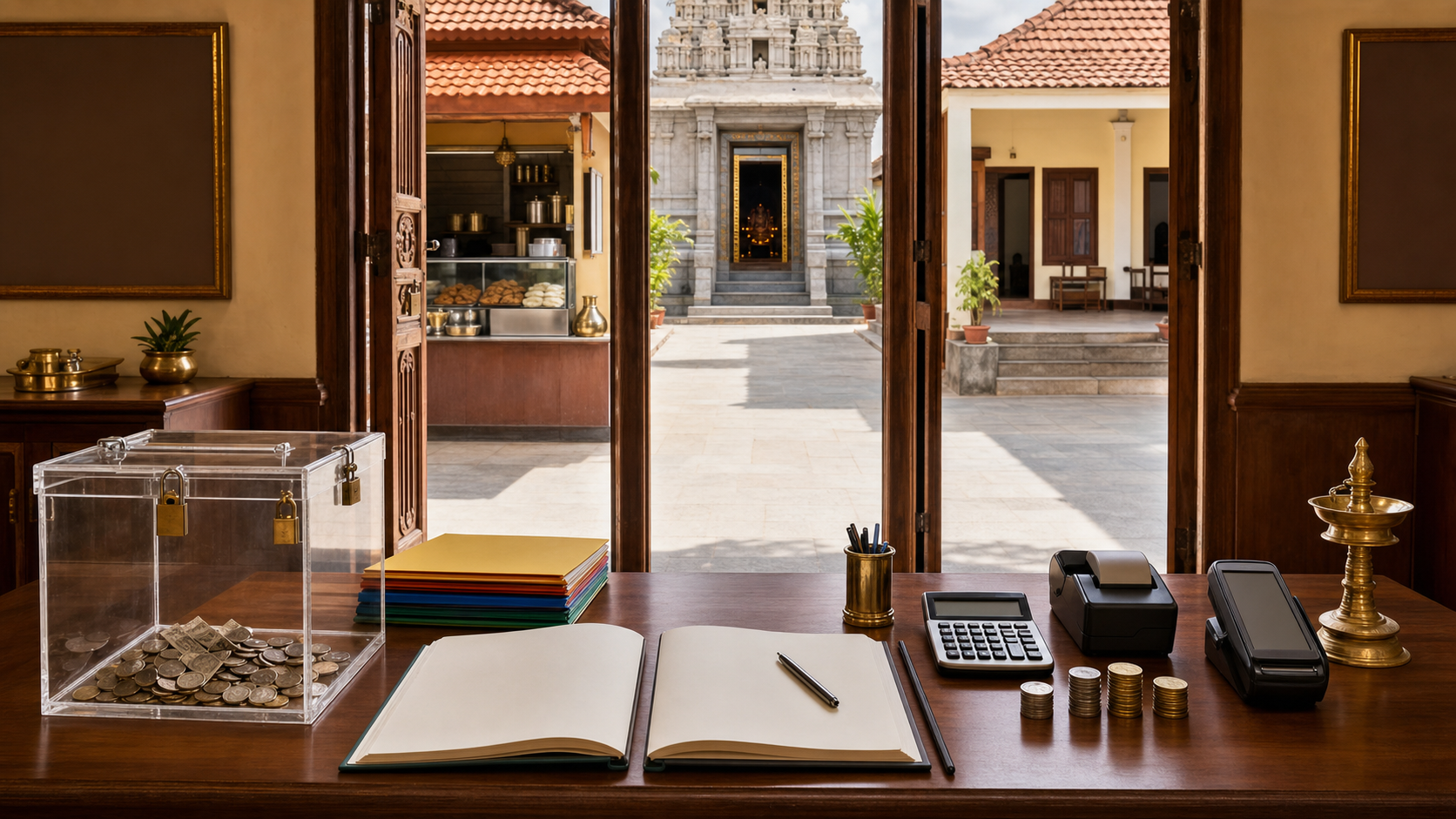 A temple office contains a transparent donation box and orderly accounting materials, with separate prasadam and lodging facilities visible beyond.