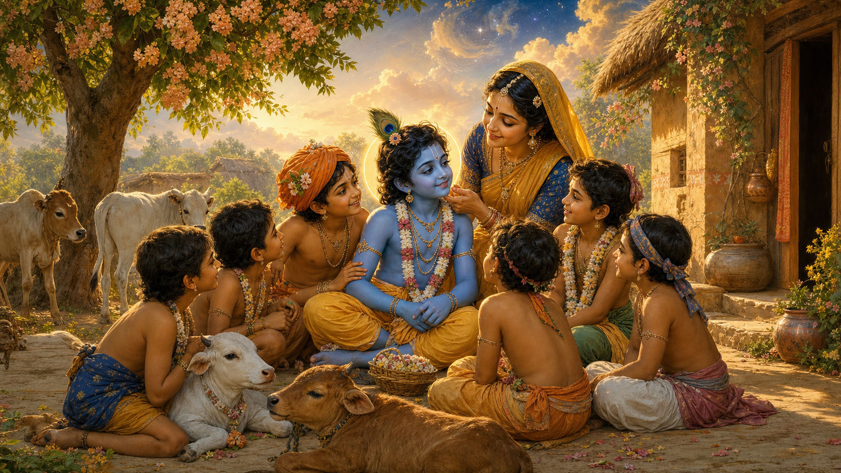 Krishna sits with cowherd friends and mother Yashoda in a pastoral Vraja courtyard as calves rest beneath flowering trees.
