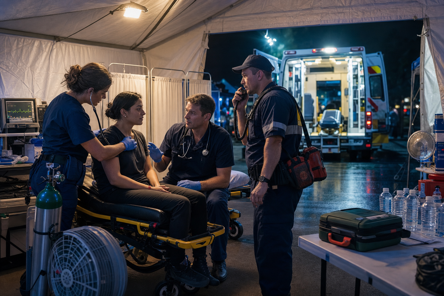 Medical responders assess a conscious young adult in a well-equipped festival treatment tent with an ambulance waiting outside.