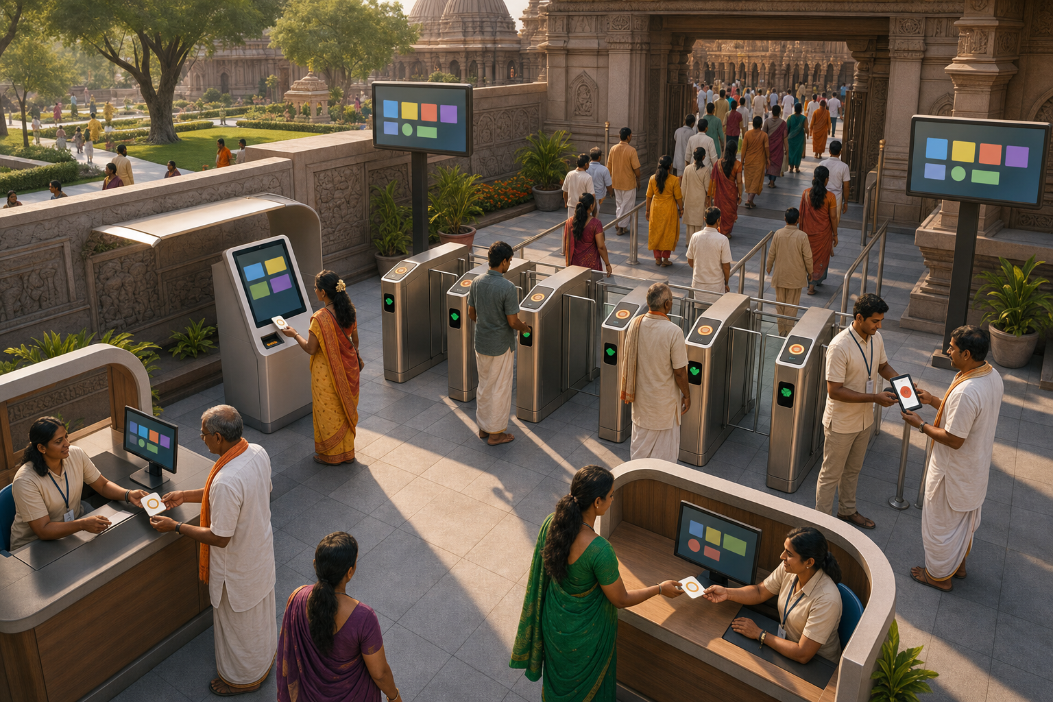 An official counter, kiosk, mobile verification point, and assistance desk connect to the same set of temple entry gates.