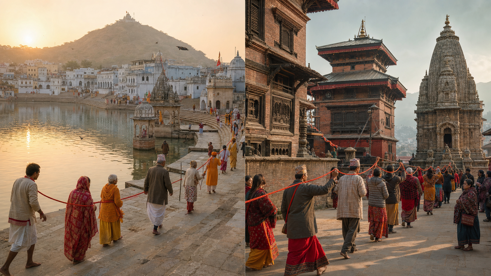 Editorial diptych showing pilgrims circling Pushkar's sacred lake at dawn and worshippers carrying a red ritual cord through a Himalayan temple-town street.