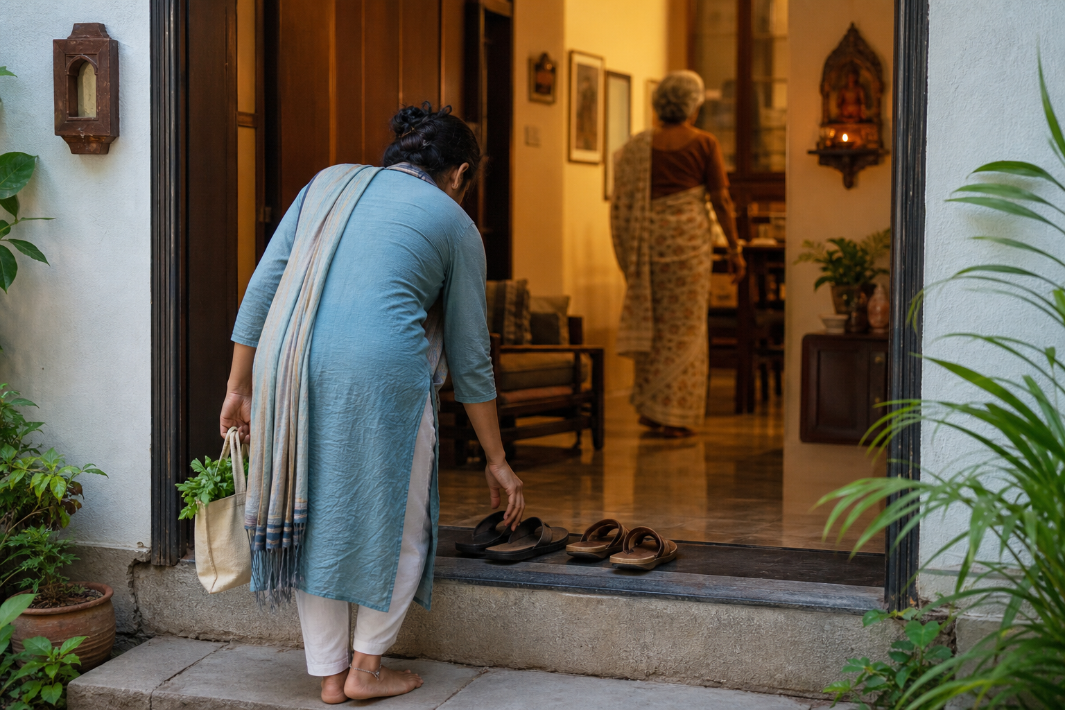 A person removes footwear at a household threshold while an older family member welcomes them from the warmly lit interior.