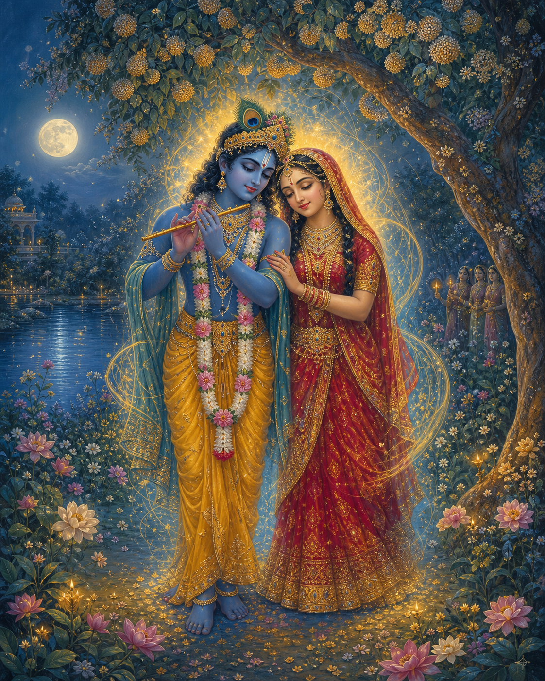 Radha and Krishna stand together beneath a flowering tree as intertwined golden and blue light illuminates the riverbank around them.