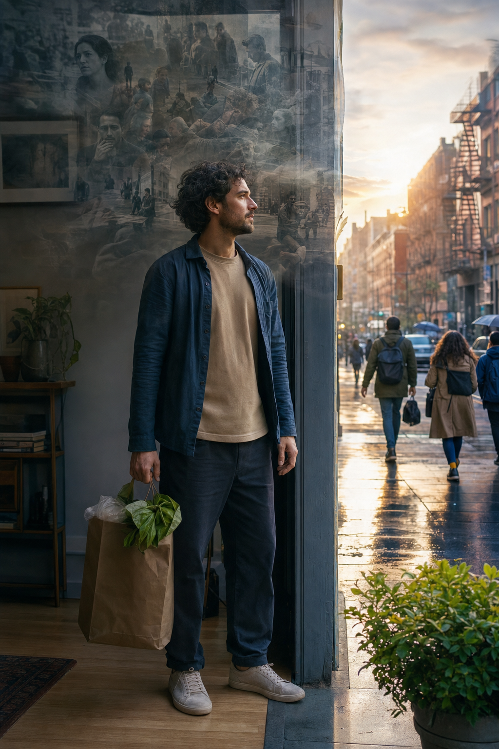 An adult carrying groceries pauses between an apartment and a city street as translucent reflections fade into a clear, sunlit view of everyday life.