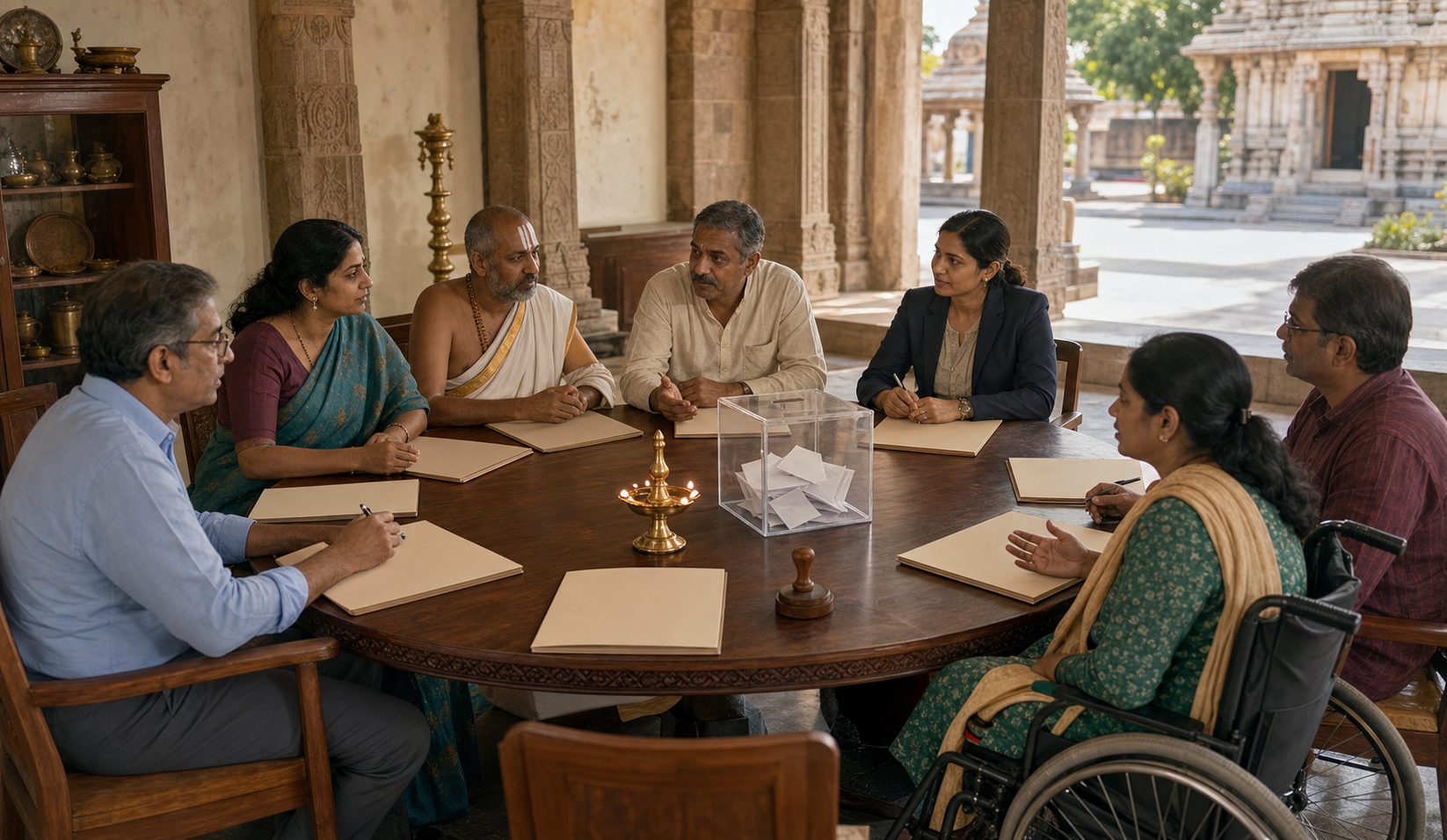 A diverse temple governance committee meets around a circular table with blank documents, a ceremonial lamp, and a transparent ballot box.