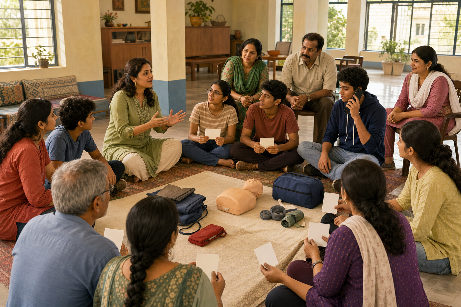 A health educator leads a pre-festival prevention workshop with young people, parents, teachers and a counselor seated in a circle.
