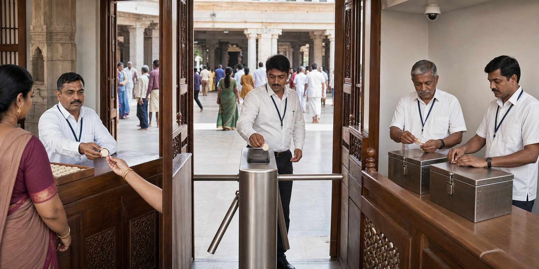 Different temple staff members separately issue entry tokens, verify pilgrims at a gate, and reconcile used tokens and sealed boxes.