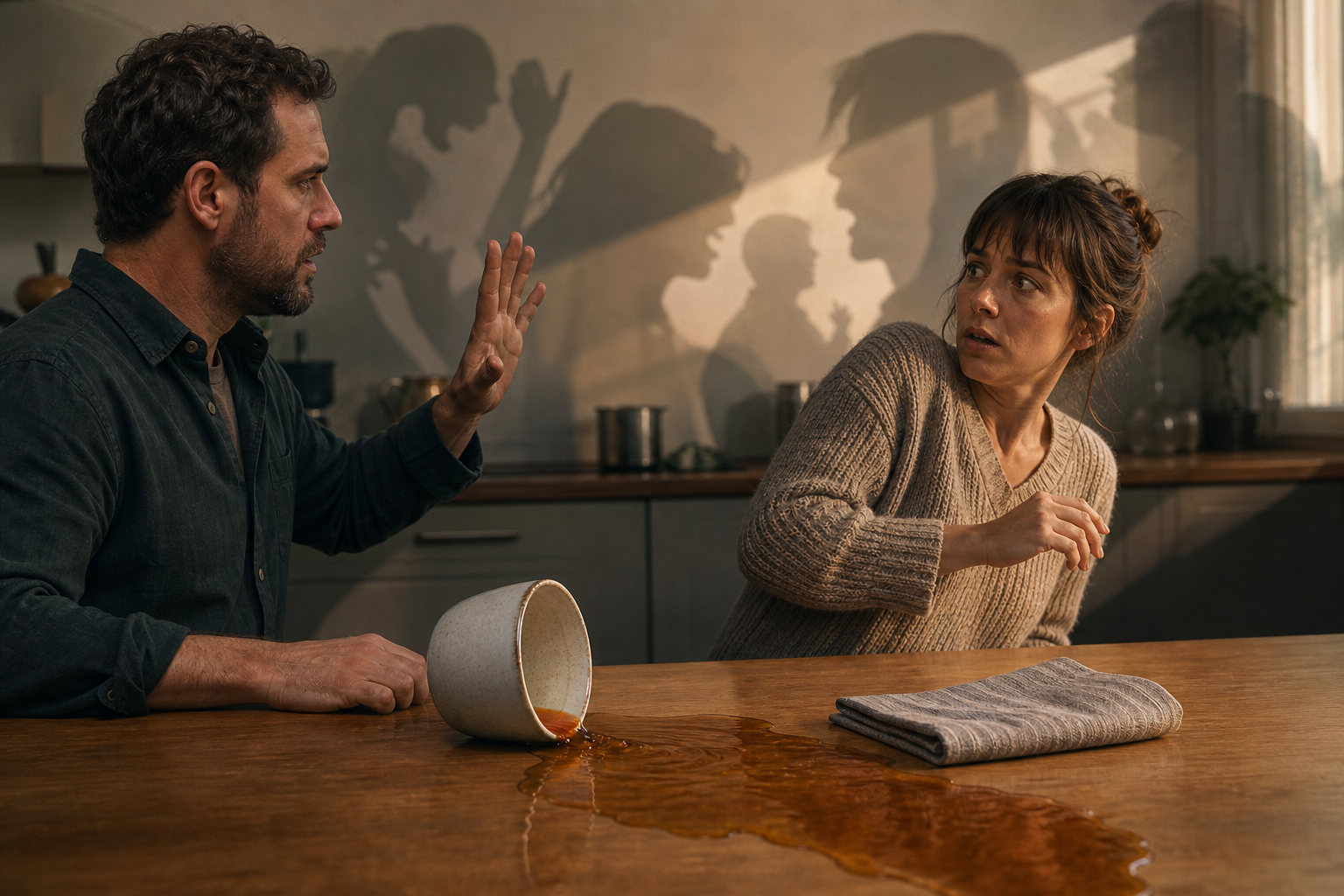 Two adults react to a spilled cup of tea while enlarged translucent shadows behind them suggest emotional interpretations of the accident.