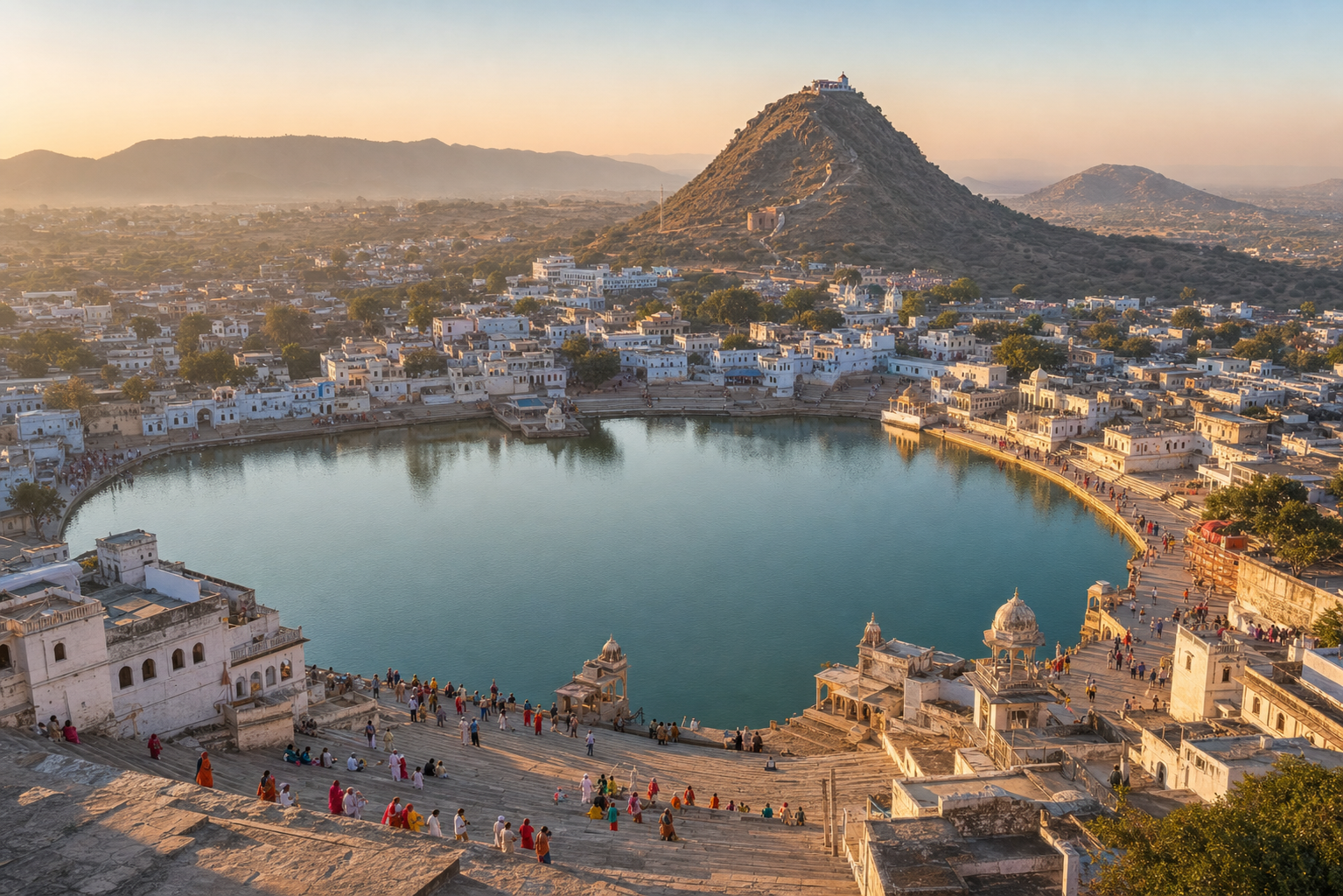 An elevated view of pilgrims walking around Pushkar Lake, with ghats and temples beside the water and a shrine on a distant hill.