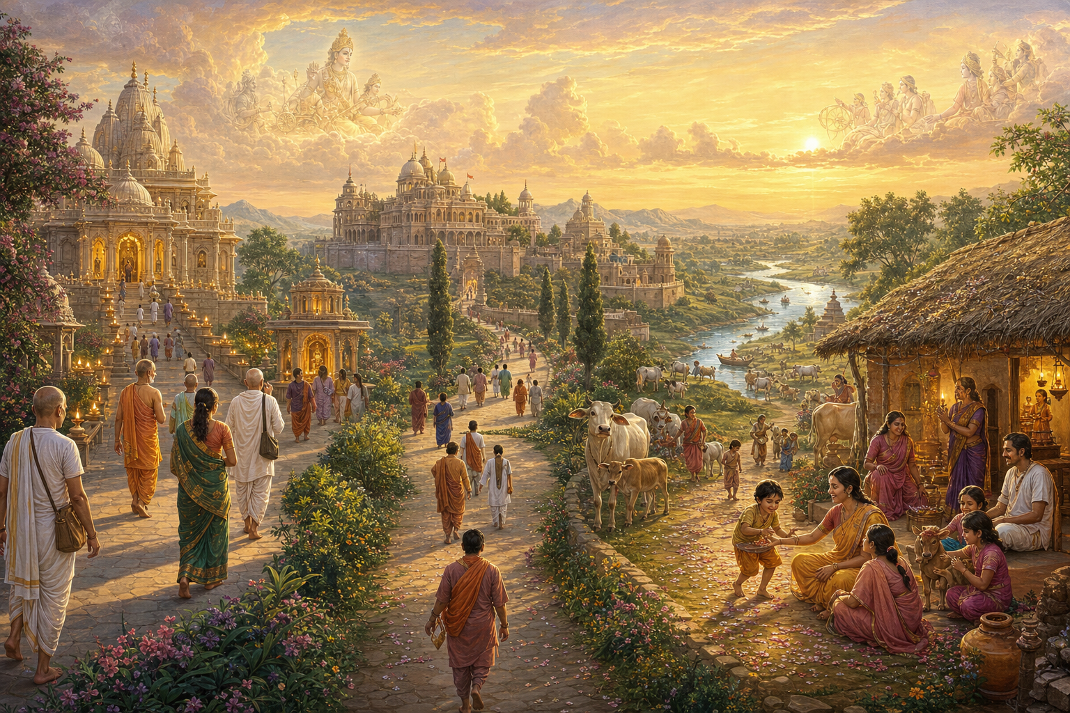 Pilgrims follow several peaceful paths through a sacred landscape containing a luminous temple, a royal city and the pastoral village of Gokula.