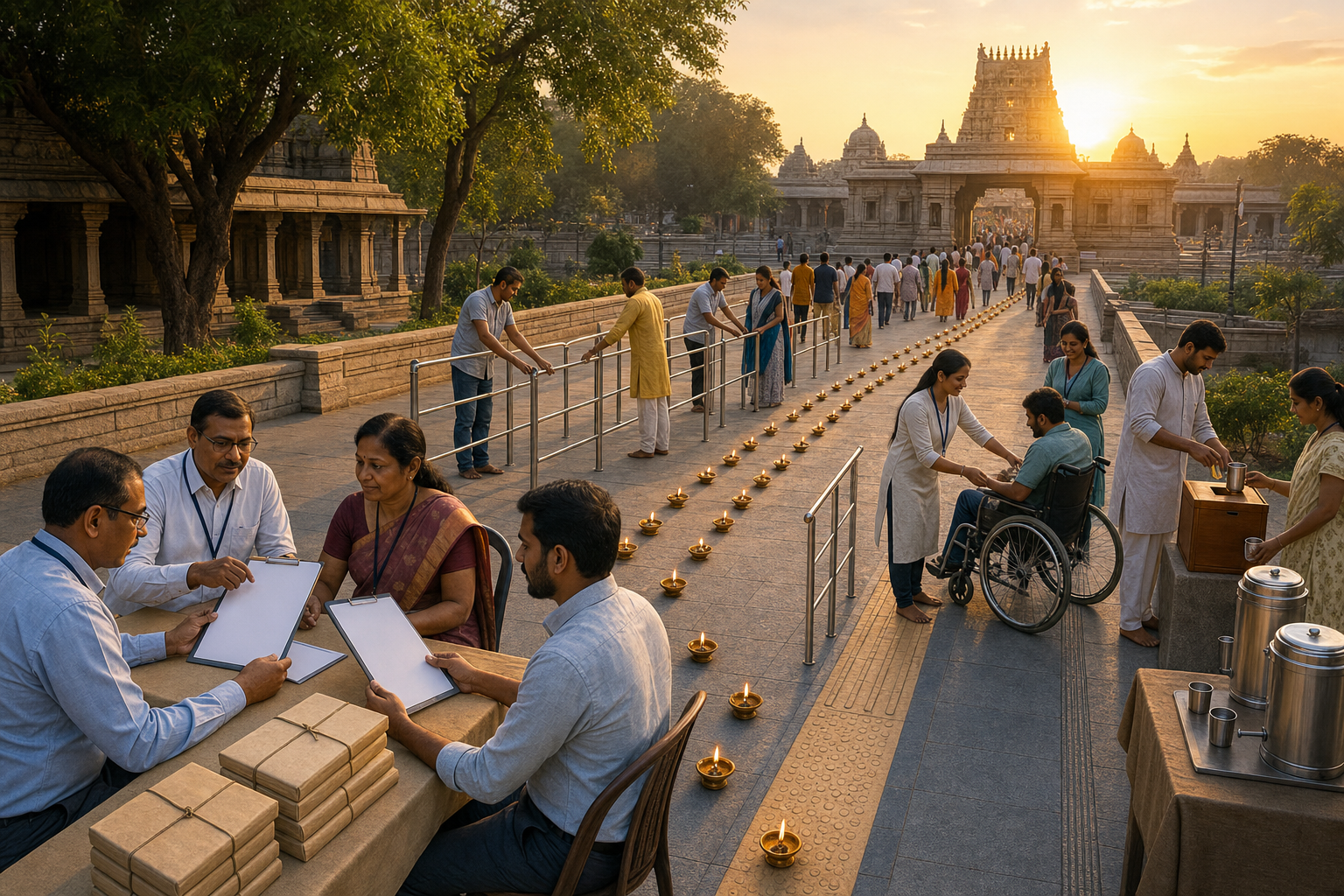 Temple staff, devotee representatives, and volunteers review records and test public facilities while worshippers enter through one shared gateway.